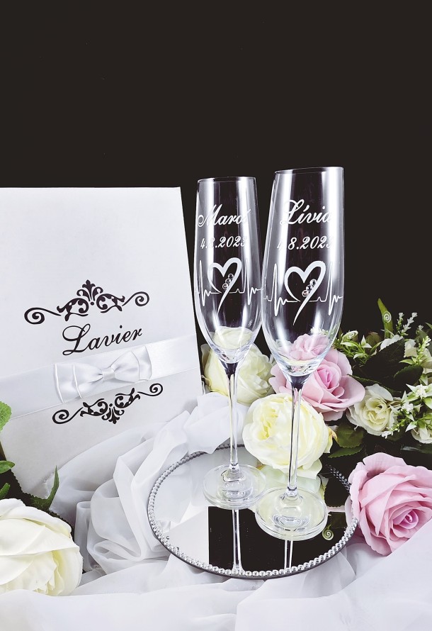Svadobné poháre na šampanské EKG so srdiečkom a tromi kamienkami -img