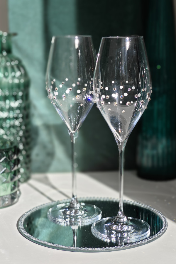 Luxusné svadoné poháre Swan 320ml na sekt/prosecco zdobené kamienkami Preciosa /v odtieni Crystal/-title-img