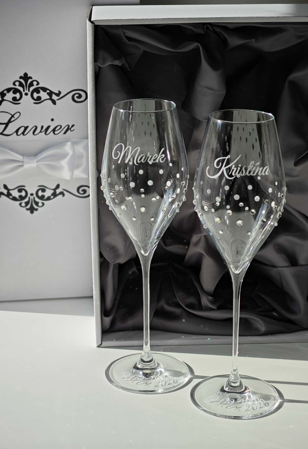 Luxusné svadoné poháre Swan 320ml na sekt/prosecco zdobené kamienkami Preciosa /v odtieni Crystal/-img